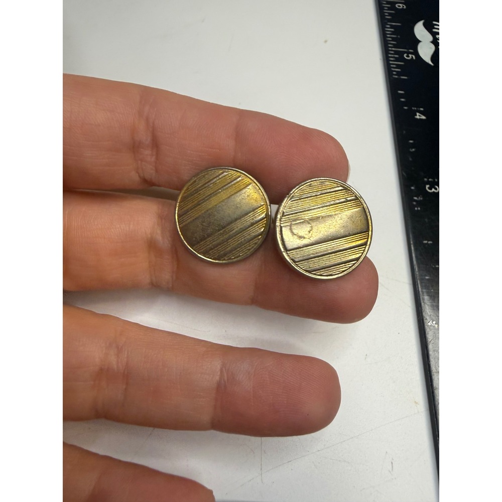 Vintage Gold Tone Striped Round Cufflinks Diagonal Pattern Toggle Back